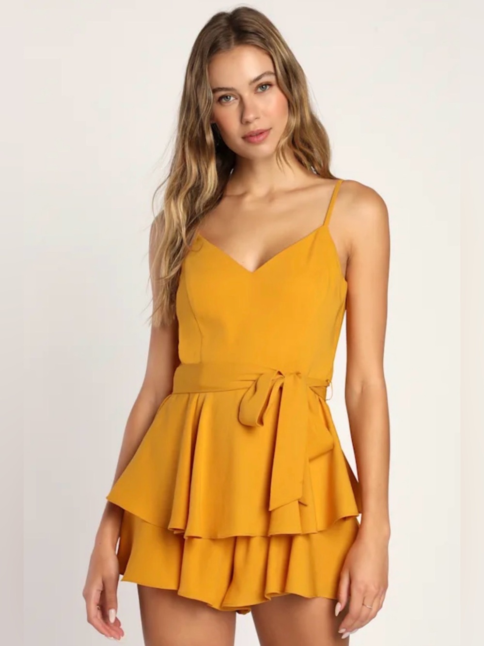 Lulus Glamorous Gal Mustard Yellow Ruffled Sleeveless Romper